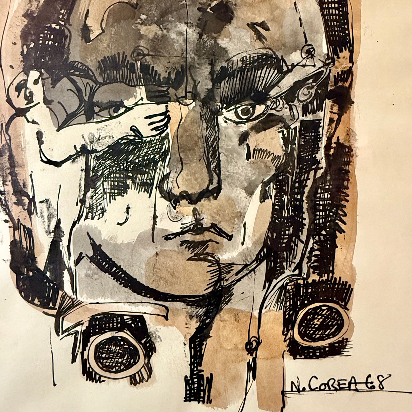 Abstract Portrait - Ink wash on Paper - 1968 by Nicholas Corea (1943-1999)