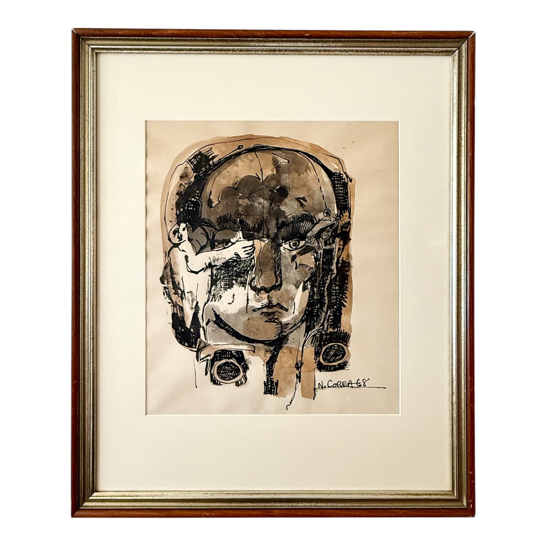 Abstract Portrait - Ink wash on Paper - 1968 by Nicholas Corea (1943-1999)