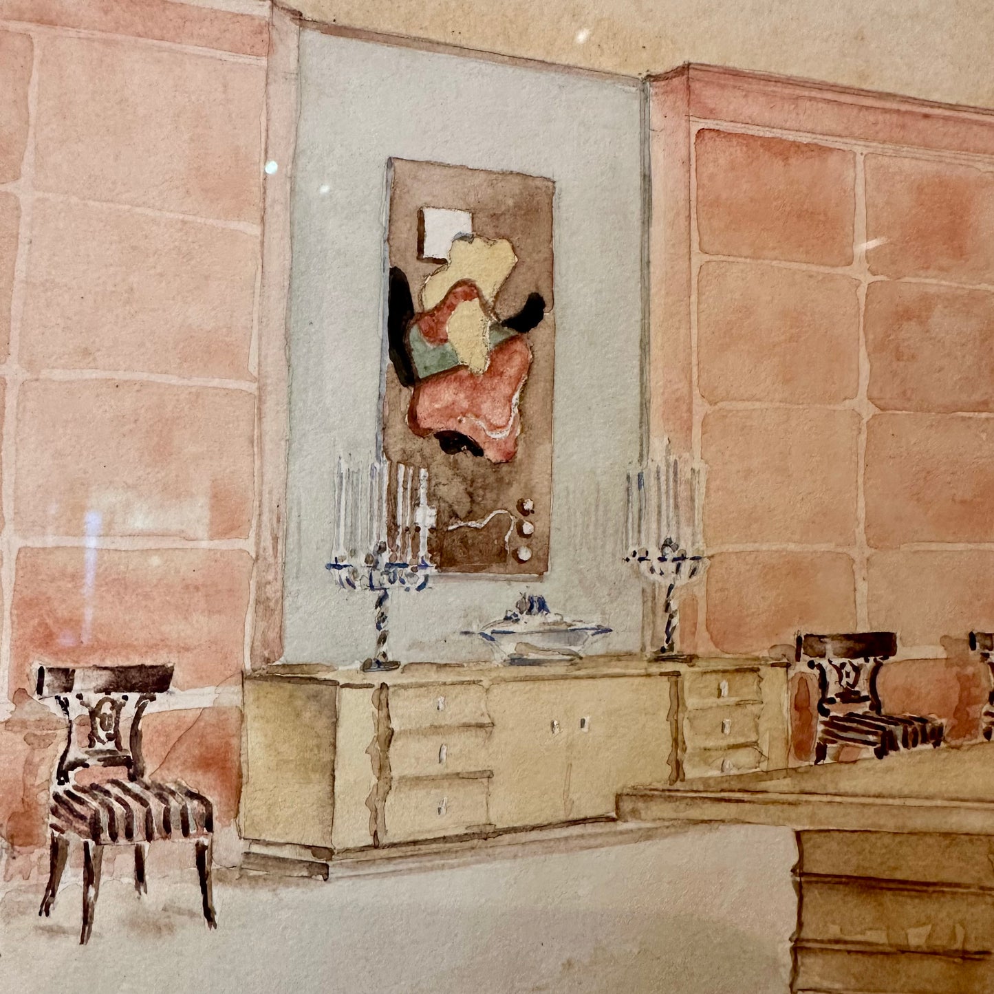 Mid Century Interior Watercolor on Paper