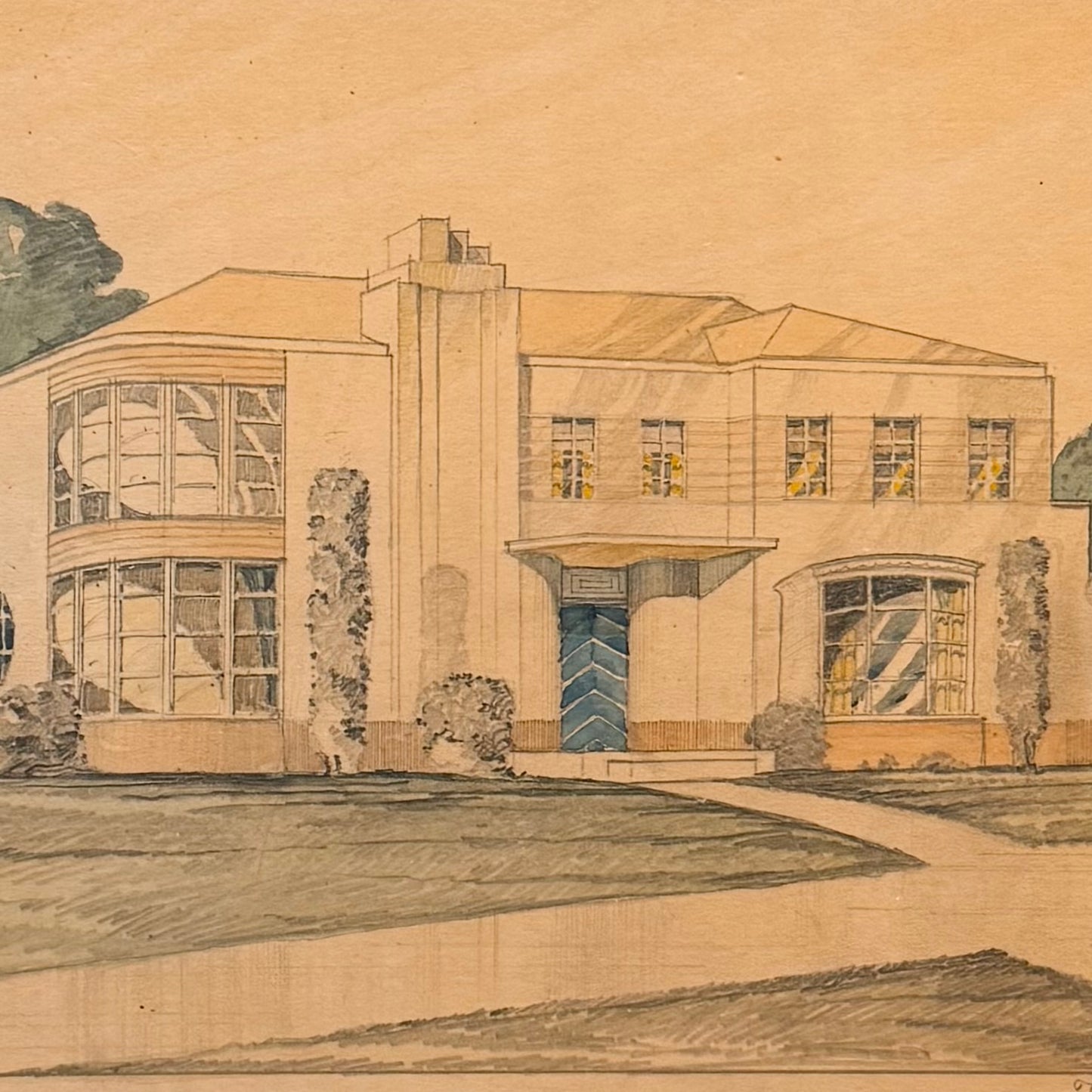 1930s Art Deco Architectural Home Rendering - Colored Pencil on Paper