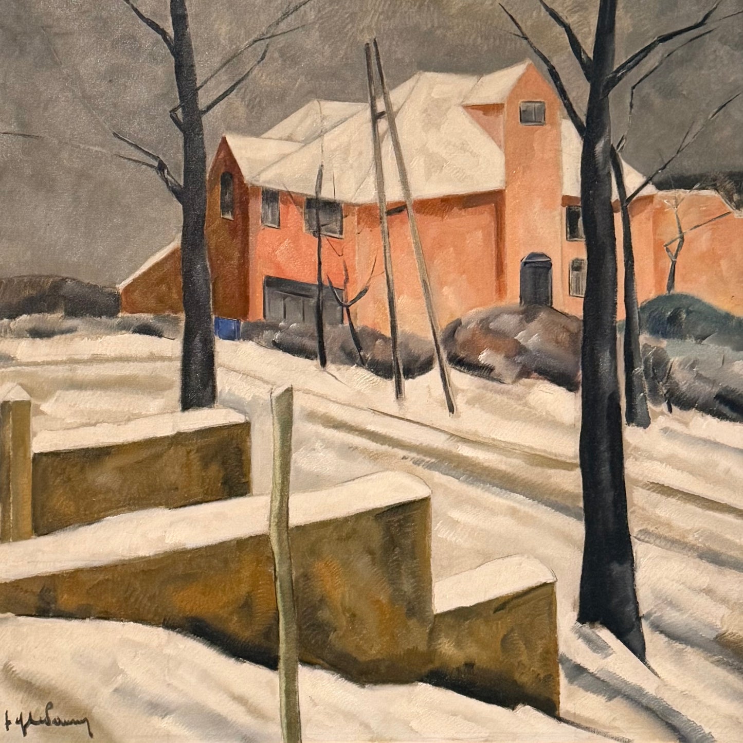"Winter Landscape in the Street" 1920s Oil on Canvas by Jef De Pauw - Belgium (1888-1930)