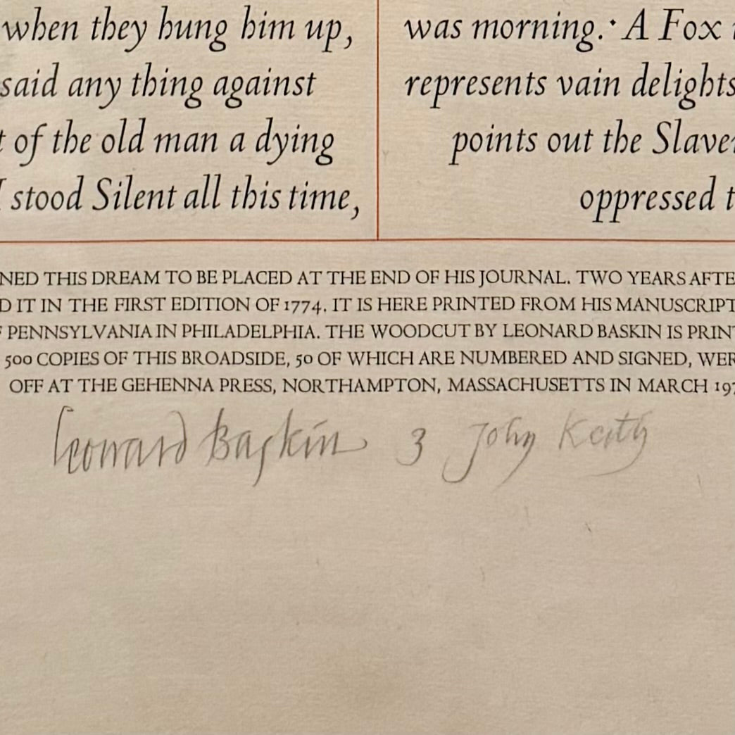 "Dream of the Fox and the Cat" - Passage Written by John Woolman (1720-1777) - Woodcut by Leonard Baskin (1922-2000)