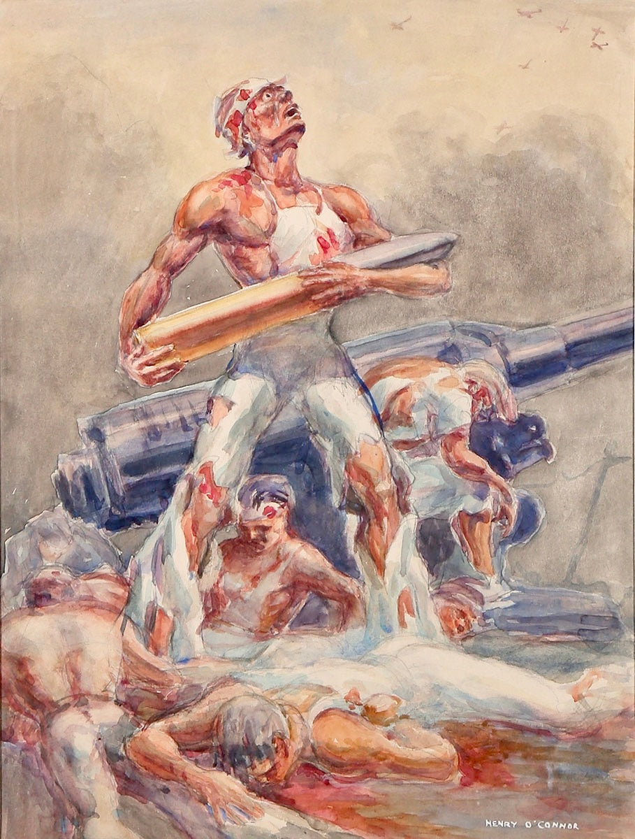 WWII Battle Scene - 1940s Watercolor on Paper by Henry O'Connor (1891-1975)