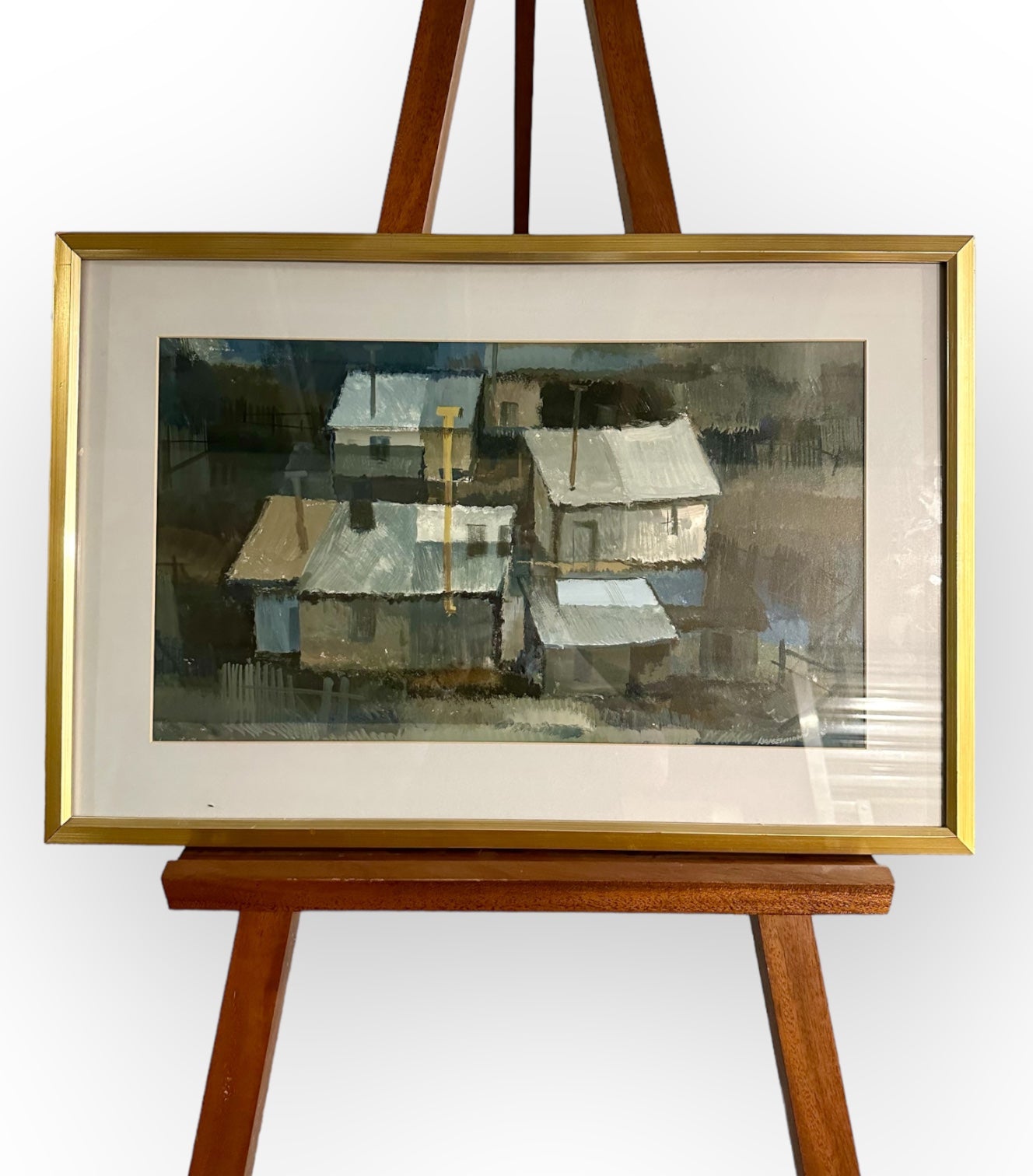 Rooftop Composition - Mid Century Oil on Paper by Rut Hanselmann, Germany