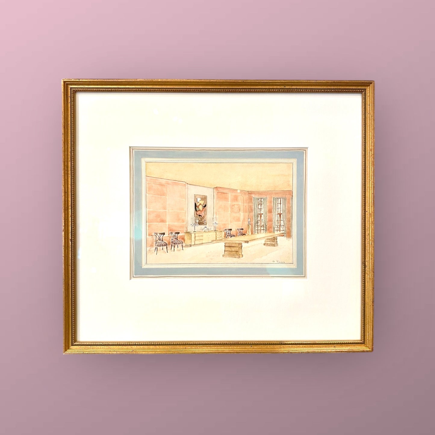 Mid Century Interior Watercolor on Paper