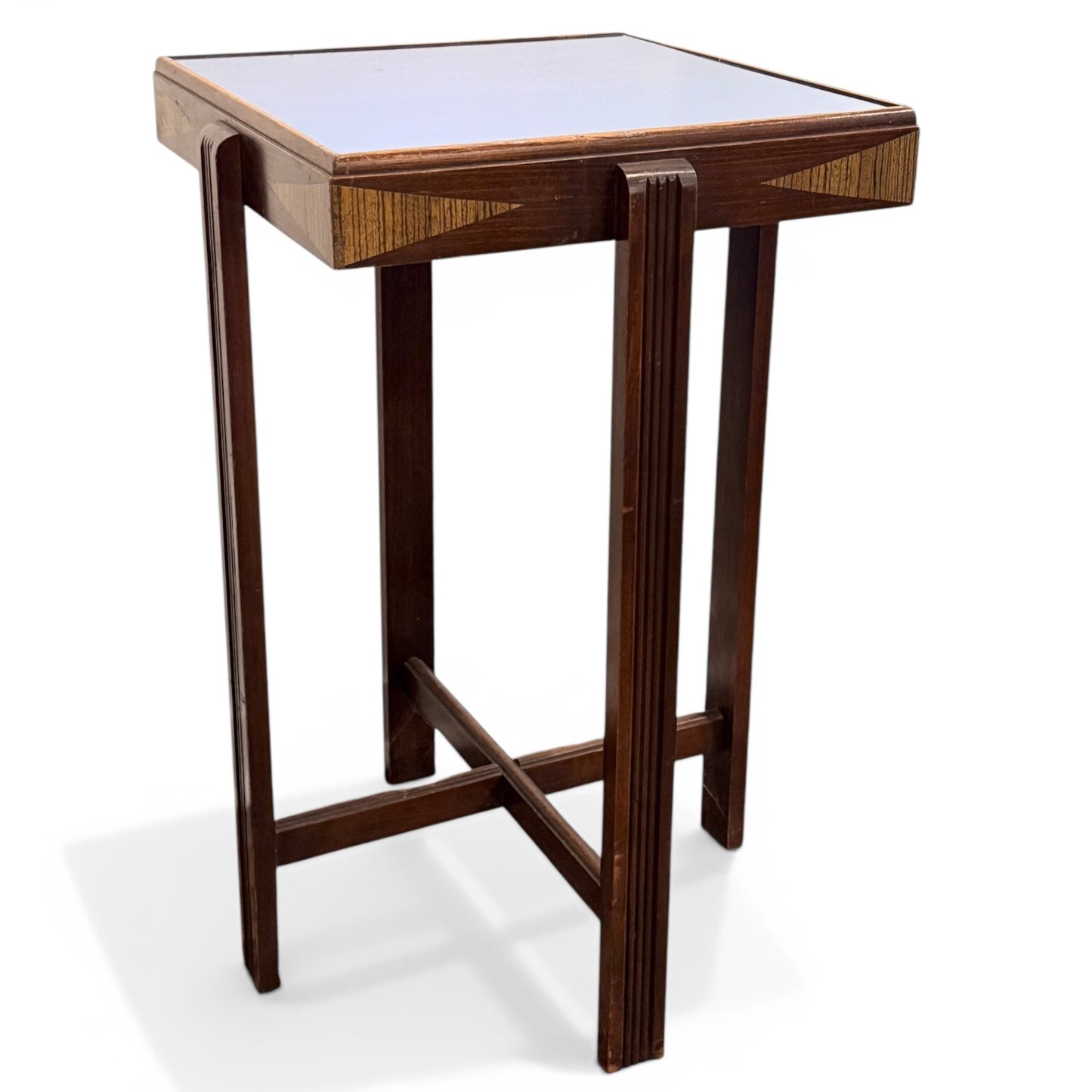 Late Art Deco Table - Inlayed Wood and Blue Mirror - 1940s