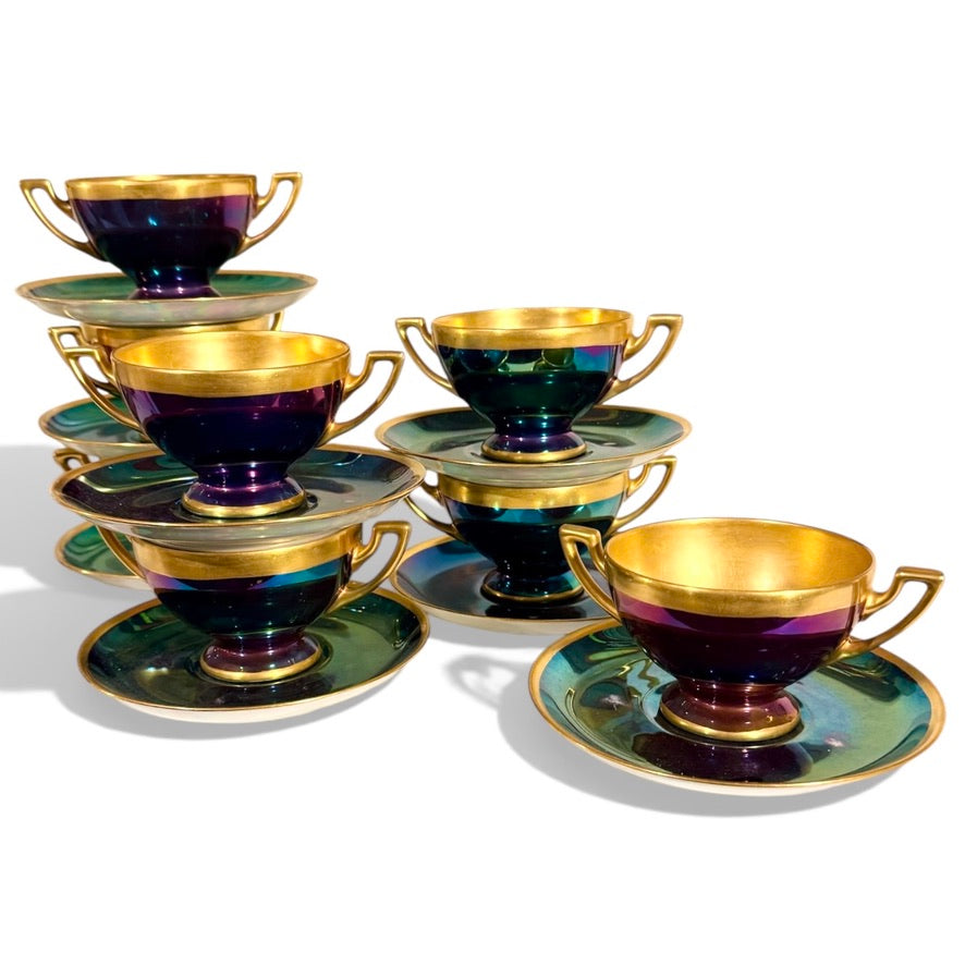 Set of 8 Iridescent and Gold Soup or Tea Cups and Saucers - 1920s - By Thomas Bavaria (now Rosenthal)