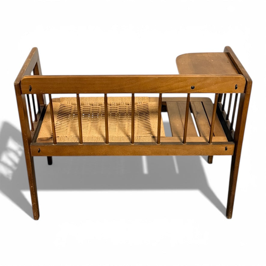 Mid Century Oak Telephone Bench w/ Woven Seat - Yugoslavia, 1960s