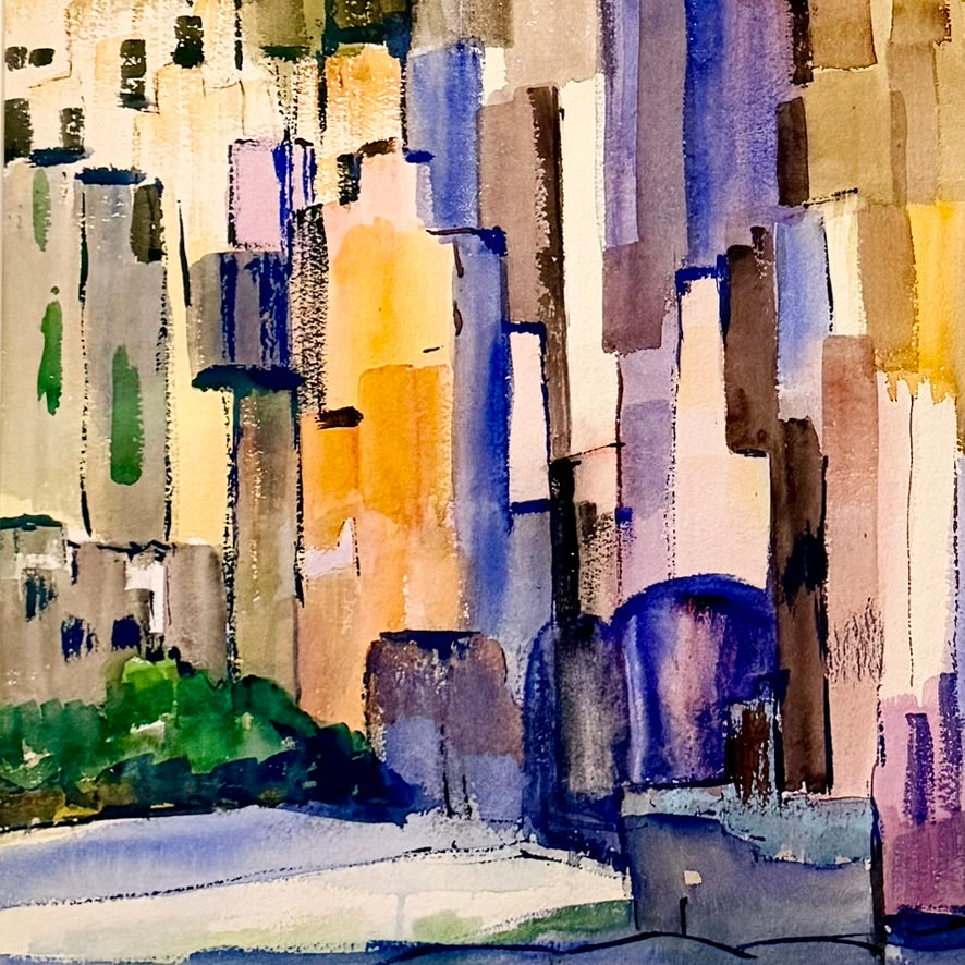 Large Mid Century Abstract Cityscape - Watercolor on Paper - Signed Tissot
