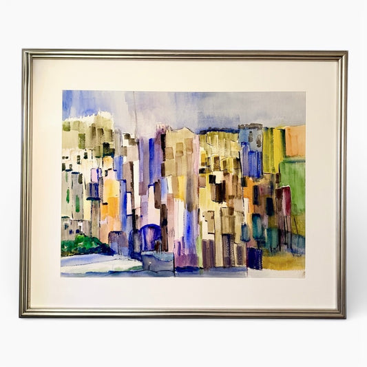 Large Mid Century Abstract Cityscape - Watercolor on Paper - Signed Tissot