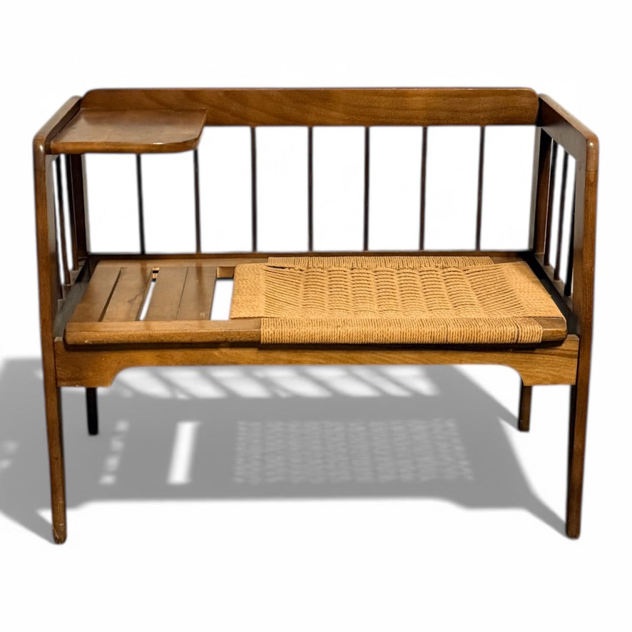 Mid Century Oak Telephone Bench w/ Woven Seat - Yugoslavia, 1960s