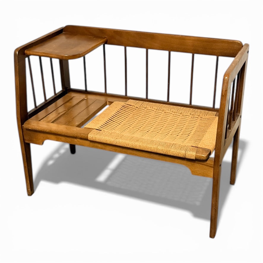Mid Century Oak Telephone Bench w/ Woven Seat - Yugoslavia, 1960s