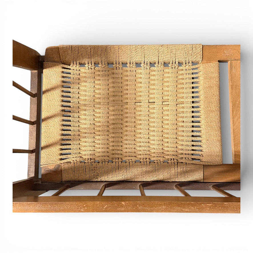 Mid Century Oak Telephone Bench w/ Woven Seat - Yugoslavia, 1960s