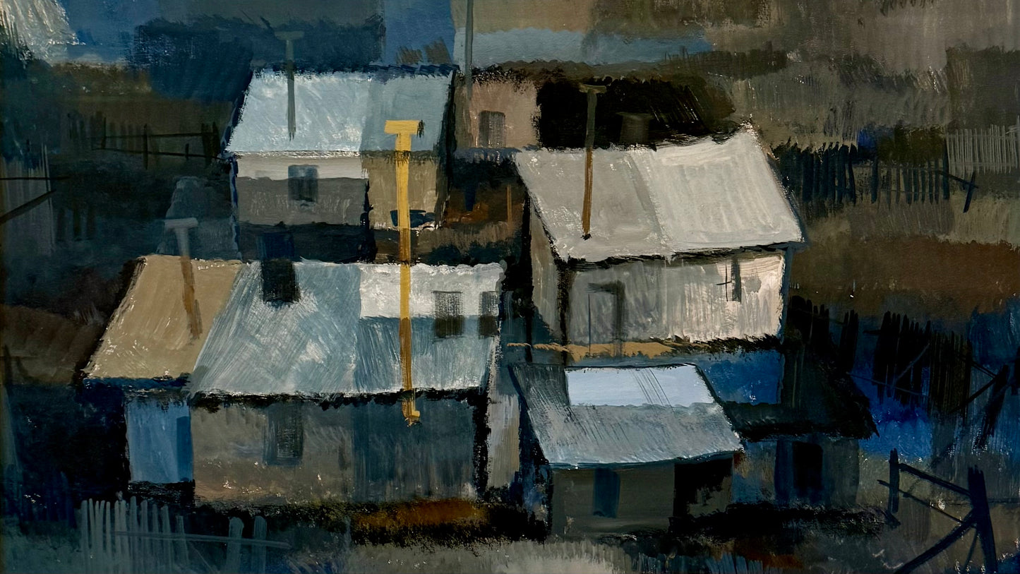 Rooftop Composition - Mid Century Oil on Paper by Rut Hanselmann, Germany