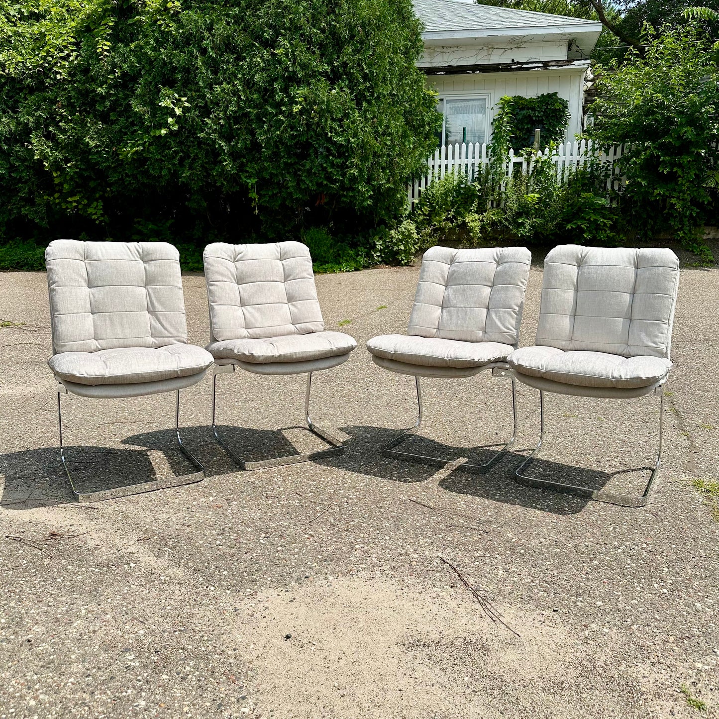 Set of 4 Chrome Cantilevered Chairs by Roche Bobois, France - 1970s - Reupholstered