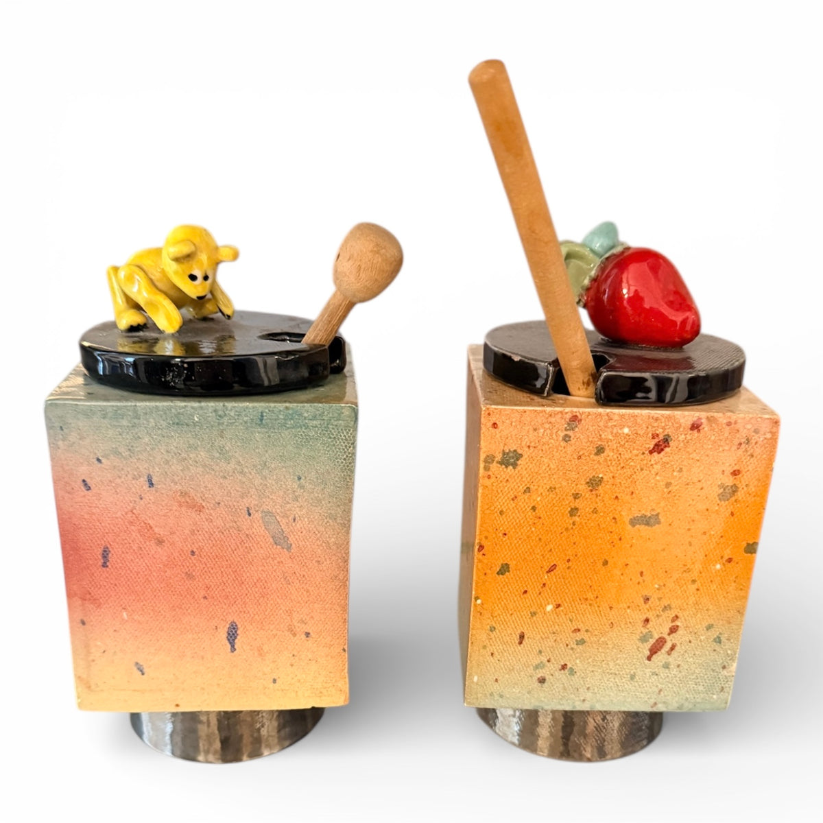 Pair - Ceramic Honey and Jam Pots - 1978 - by Peter Shire (b. 1947) Co-Founder of Memphis Milano