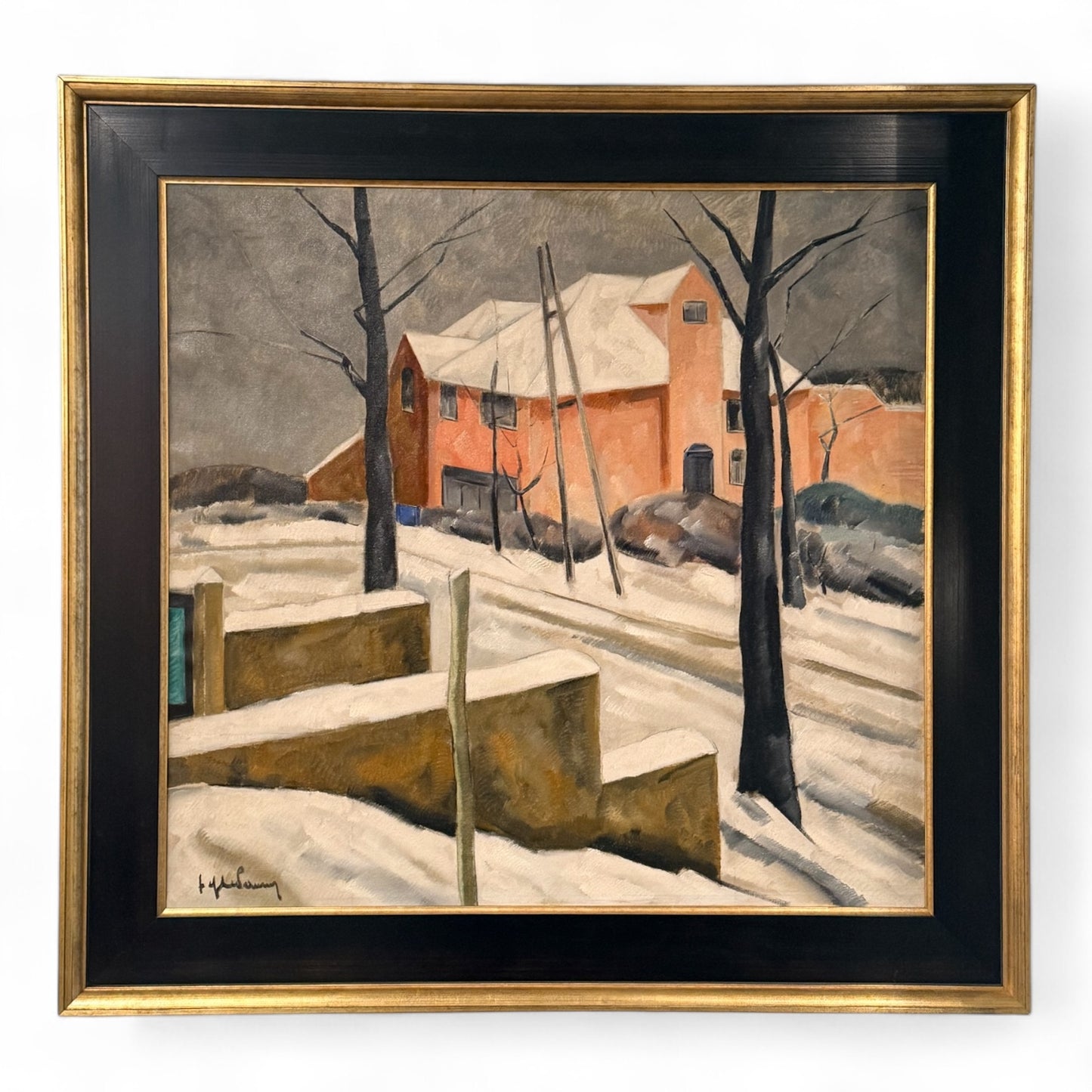 "Winter Landscape in the Street" 1920s Oil on Canvas by Jef De Pauw - Belgium (1888-1930)
