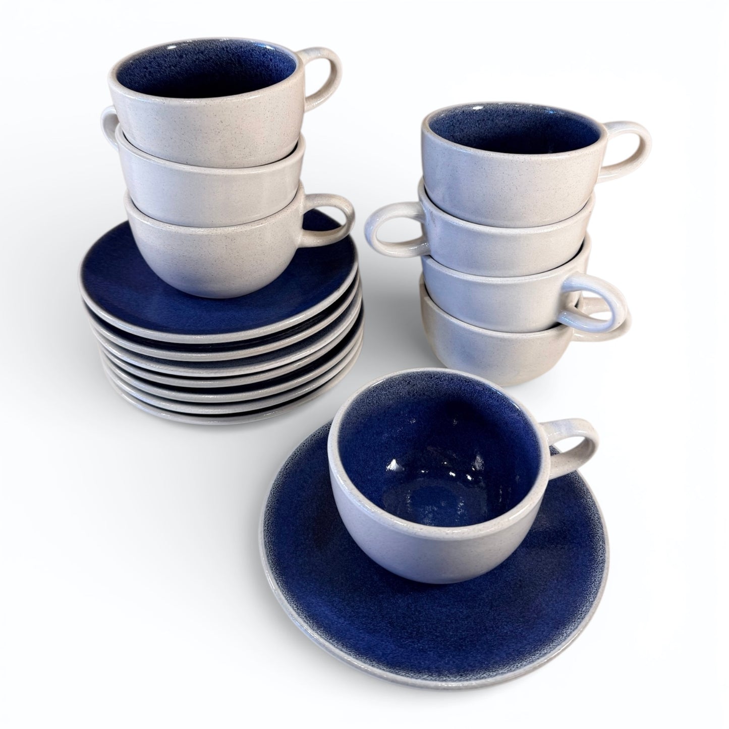 1970s Heath Ceramics Coffee/Tea Cup and Saucer Set for 8 - Opal Blue Color - Never Used