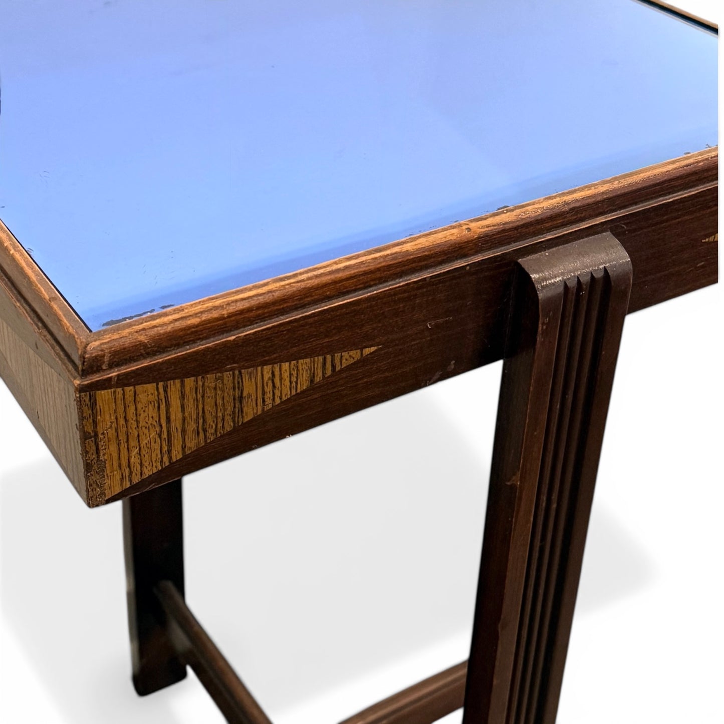 Late Art Deco Table - Inlayed Wood and Blue Mirror - 1940s