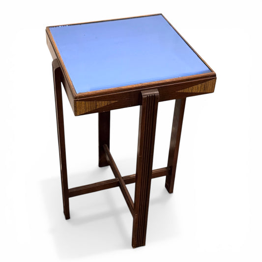 Late Art Deco Table - Inlayed Wood and Blue Mirror - 1940s