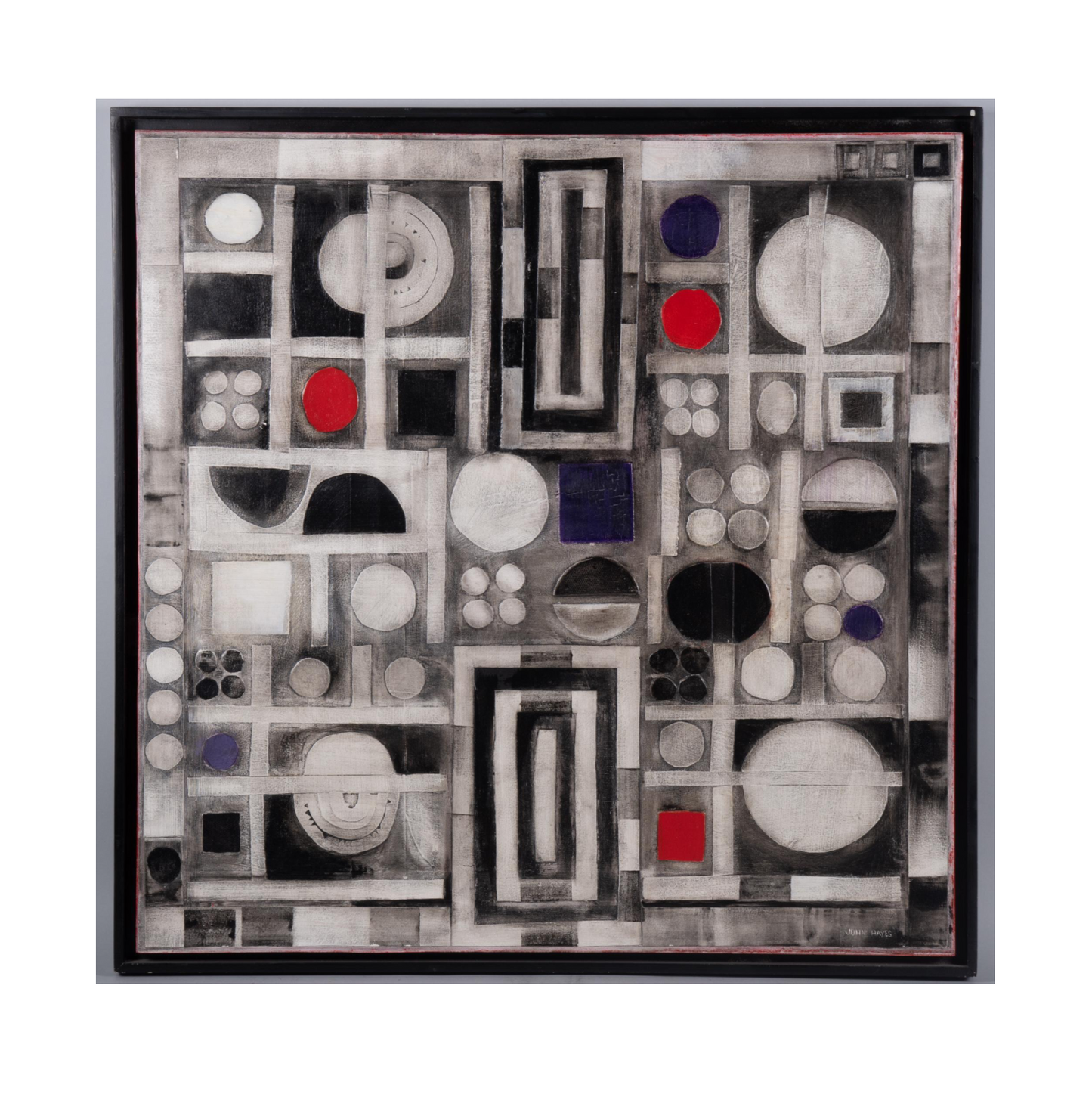 Abstract In Red, White And Black, Oil On Canvas by John Hayes, 20th Century